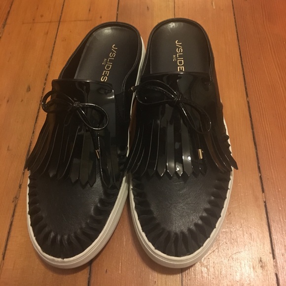 Jslides worn once. Black leather matte and gloss - Picture 1 of 6